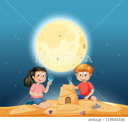 Children Building Sandcastle Under Moonlight 119688386