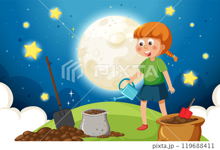 Child Gardening Under the Moonlight 119688411