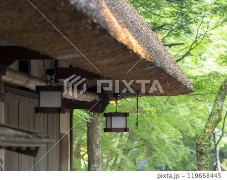 茅葺き屋根と吊り燈籠 119688445