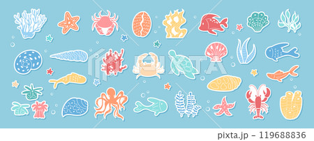 Vector set of colorful marine life in the ocean. Includes sea creatures like fish, crabs, and starfish among aquatics plants. Great for underwater themed designs. Vector set of colorful marine life in the ocean. Includes sea creatures like fish, crabs, and starfish among aquatics plants. Great for underwater themed designs. 119688836