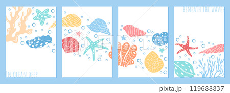 Seashells and corals under ocean waves postcard set. This aquatic card design features various marine life and underwater elements, creating a vibrant ocean reef scenery. Seashells and corals under ocean waves postcard set. This aquatic card design features various marine life and underwater elements, creating a vibrant ocean reef scenery. 119688837