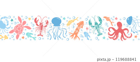 Border pattern design with colorful underwater creatures illustrating marine life. Ocean scene background features diverse reef animals and vibrant sea life, teeming with bubbles and colors. 119688841