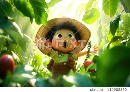 A young boy wearing a straw hat is standing in a lush green field with a basket A young boy wearing a straw hat is standing in a lush green field with a basket 119688850