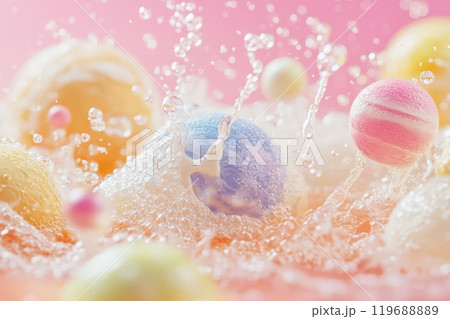 A colorful bath bomb is surrounded by water, creating a playful A colorful bath bomb is surrounded by water, creating a playful 119688889