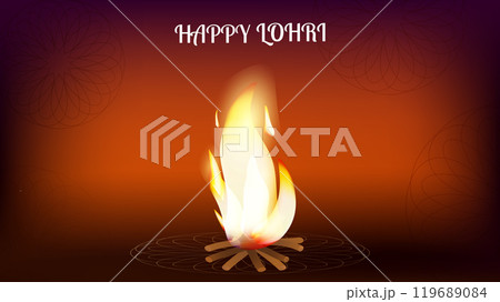 Happy Lohri Indian holiday festival bright bonfire under beautiful night sky. Gratitude for harvest. Design invitation card banner poster. Vector illustration. Happy Lohri Indian holiday festival bright bonfire under beautiful night sky. Gratitude for harvest. Design invitation card banner poster. Vector illustration. 119689084