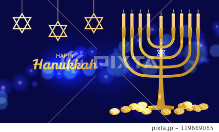 Hanukkah Jewish holiday sign of spiritual rebirth. Stars of David Menorah and coins. Victory light over darkness. Memory of miracle. Design invitation card postcard poster. Vector illustration. Hanukkah Jewish holiday sign of spiritual rebirth. Stars of David Menorah and coins. Victory light over darkness. Memory of miracle. Design invitation card postcard poster. Vector illustration. 119689085
