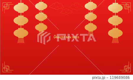 Chinese New Year Spring Festival significant event. Traditional red and gold abstract patterns. Design of invitation banner postcard. Vector illustration. 119689086
