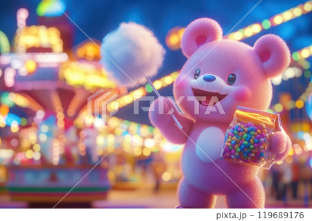 A pink teddy bear is holding a cotton candy stick and a bag of candy 119689176