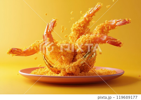 A plate of fried shrimp with a yellow background 119689177