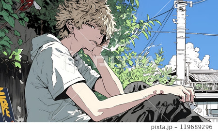 タバコをくわえて座り込んでいる若い男性