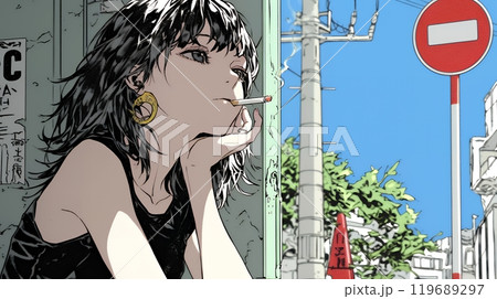 タバコをくわえて座り込んでいる若い女性
