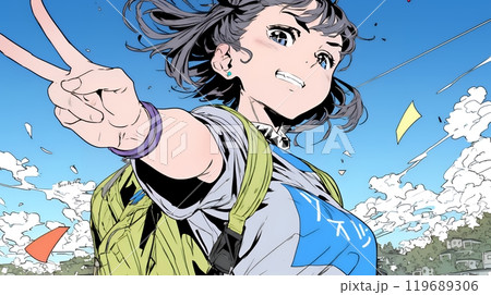 ピースサインをしている若い女性