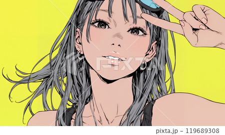 ピースサインをしている若い女性