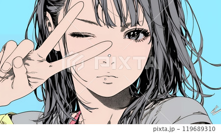 ピースサインをしている若い女性