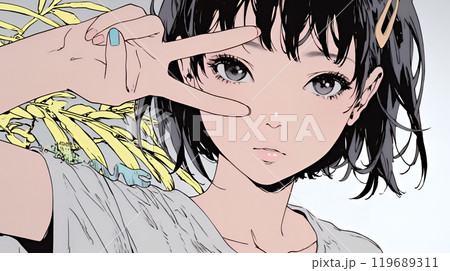 ピースサインをしている若い女性