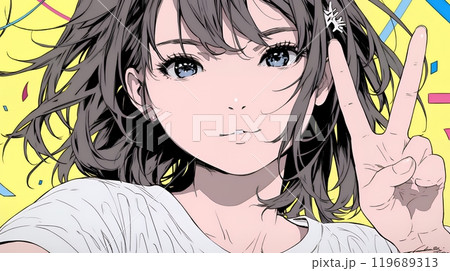 ピースサインをしている若い女性