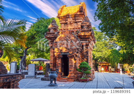 Ancient landmark of Po Nagar Cham Towers in Nha Trang in Vietnam. Famous tourist place with heritage ruins of the Cham temple religion complex 119689391