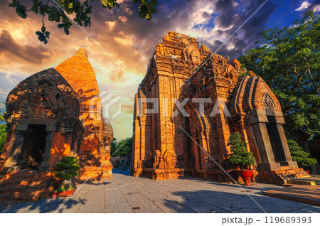 Ancient Po Nagar Cham Towers in Nha Trang in Vietnam. A famous tourist landmark with the heritage history ruins of Cham temple 119689393