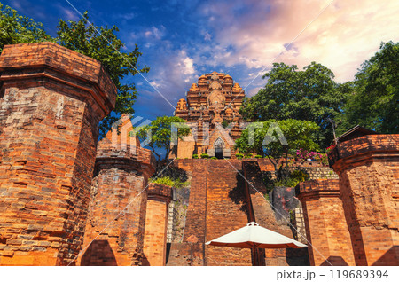 Po Nagar Cham Towers in Nha Trang in Vietnam. Ancient ruins of a temple in Asia at sunset Po Nagar Cham Towers in Nha Trang in Vietnam. Ancient ruins of a temple in Asia at sunset 119689394