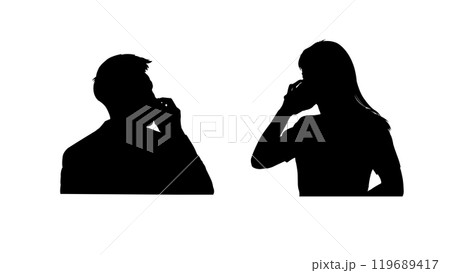 The silhouette men and women on the phone creates a sense of intimacy and connection.The dark and light contrast in the image emphasizes the mystery of the conversation. 119689417
