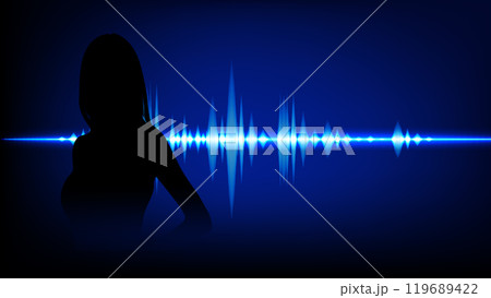 A silhouette of a woman against a dark blue background, and blue sound wave, symbolize auditory communication 119689422