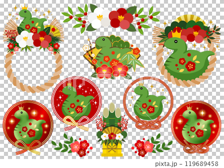 Snake year new year card icon set, green snake, cute, decoration, illustration 119689458