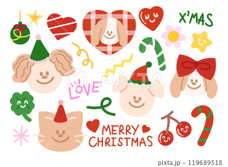 Christmas and New Year festive illustrations with puppy, party hat, candy cane, clover leaf, cherry, red heart for winter decoration, dog cartoon, mascot, stickers, pet shop, vet, animal costumes	 119689518