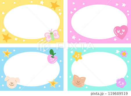 Pastel frames with puppy, butterfly, cat, cherry, flower, star, heart for background, wallpaper, backdrop, campaign banner, rectangle ad template, pet shop, social media post, post card, book cover	 119689519