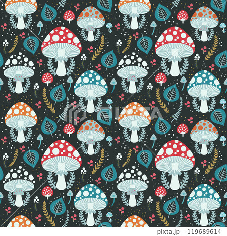 colored magic mushrooms surrounded by flowers. seamless pattern 119689614
