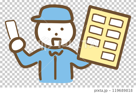 A young male worker (upper body) smiling and holding a sticker 119689818