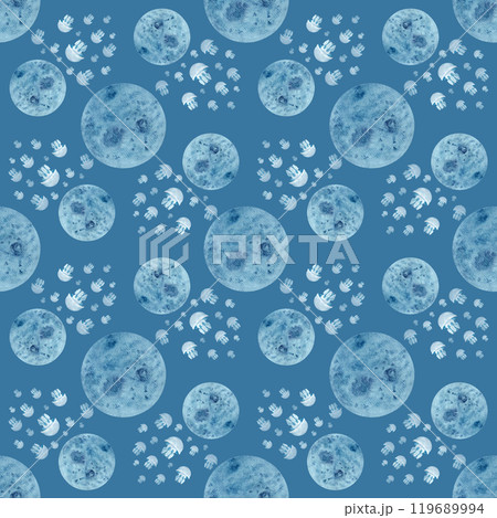 Moon jellyfish school abstract watercolor seamless pattern on blue background. High quality hand-drawn blue monochromatic art for textile, wrapping paper, wallpaper, stationary design, room decor Moon jellyfish school abstract watercolor seamless pattern on blue background. High quality hand-drawn blue monochromatic art for textile, wrapping paper, wallpaper, stationary design, room decor 119689994