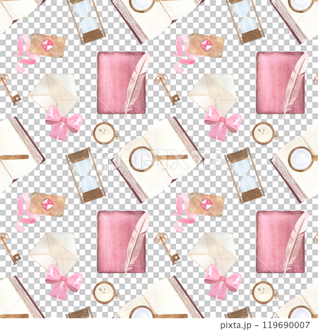 Girly pink vintage stationary watercolor seamless pattern isolated on white. Hand painted art perfect for wrapping paper, packaging, stationary decor. Antique clip art. Book, quill, envelop, key 119690007