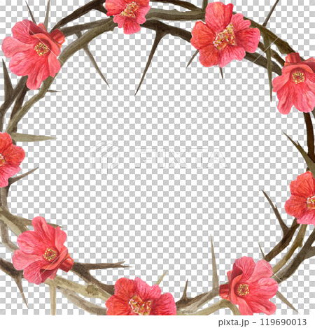 Crown of thorns with red flowers watercolor illustration isolated on white. High quality art for cards, posters, stickers, Easter, Passover, Holy Thursday, christening baptism church decor and design 119690013