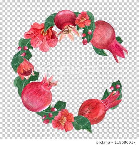 Pomegranate fruits, flowers and green leafs watercolor wreath isolated on white. The hand-painted high quality vibrant art is ideal for botanical prints, cards, floral tea packages, posters and 119690017