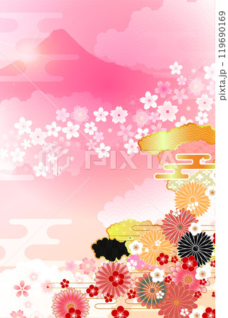 和柄 桜 富士山 年賀状 背景 和柄 桜 富士山 年賀状 背景 119690169