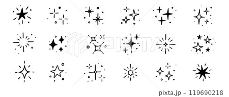 Twinkle star vector spark element icon. Star twinkle glitter spark hand drawn shine icon set. Hand drawn sketch doodle style. Magic light decoration background vector 119690218