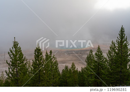 A view of the Grand Prismatic Spring from the overlook on a steamy morning. 119690281