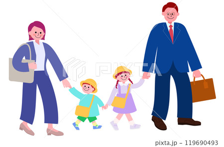 スーツを着た両親と幼稚園バッグと帽子を被った幼い姉と妹の家族が手を繋いで歩いている全身のイラスト スーツを着た両親と幼稚園バッグと帽子を被った幼い姉と妹の家族が手を繋いで歩いている全身のイラスト 119690493