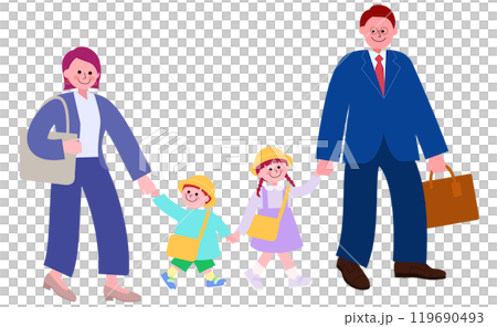 スーツを着た両親と幼稚園バッグと帽子を被った幼い姉と妹の家族が手を繋いで歩いている全身のイラスト スーツを着た両親と幼稚園バッグと帽子を被った幼い姉と妹の家族が手を繋いで歩いている全身のイラスト 119690493