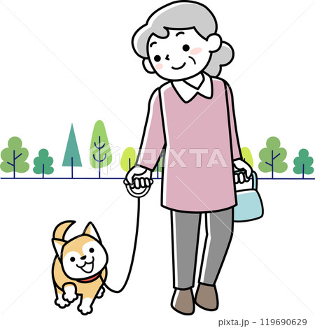 笑顔で犬の散歩をするシニア女性 119690629