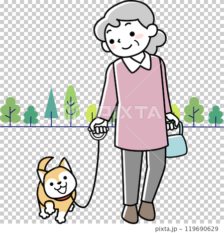 老婦人微笑著遛狗 老婦人微笑著遛狗 119690629