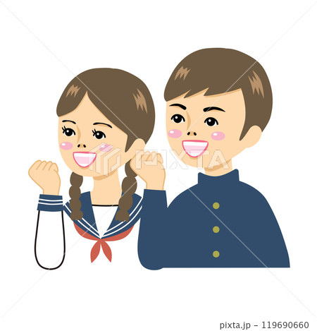 ガッツポーズをする昭和レトロな男女の学生 ガッツポーズをする昭和レトロな男女の学生 119690660
