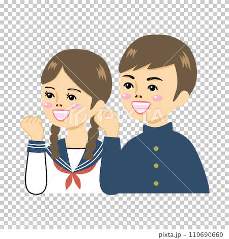 ガッツポーズをする昭和レトロな男女の学生 ガッツポーズをする昭和レトロな男女の学生 119690660