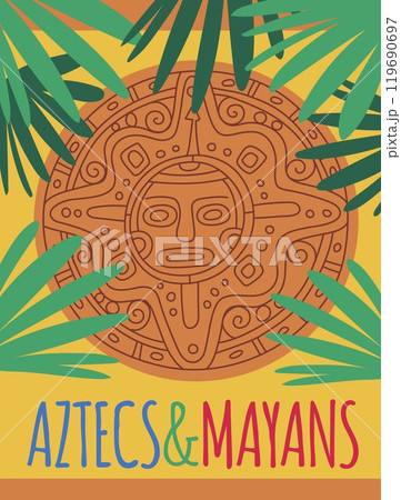 Vector illustration depicting a tribal idol inspired by ancient cultures, combining elements of Maya, Tai 119690697