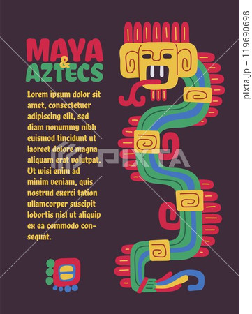 Vector illustration of poster with abstract bright traditional Mayan and Aztec figure. 119690698