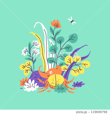 Cartoon vector illustration of a cute horned rhinoceros beetle turned with a smile Cartoon vector illustration of a cute horned rhinoceros beetle turned with a smile 119690798