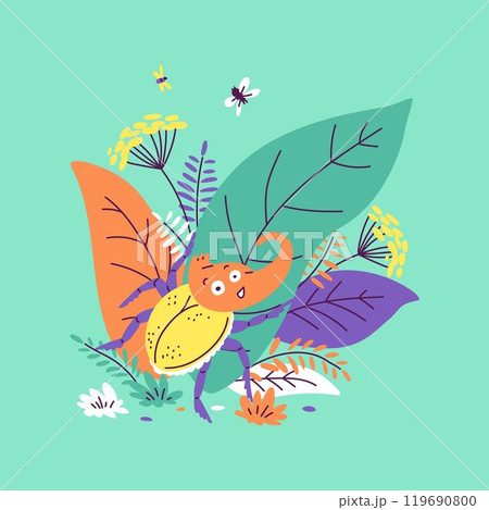Cute colorful rhinoceros beetle crawling on big leaf. Cute colorful rhinoceros beetle crawling on big leaf. 119690800