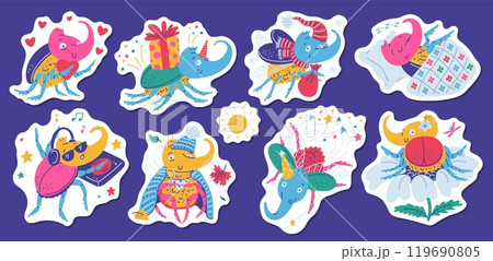Vector stickers with horned rhinoceros beetles in a New Year's hat, gift, with hearts, 119690805