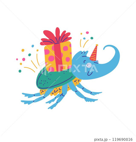 Cute Rhinoceros beetle with gift box, vector festive smiling horned beetle insect with presents for holiday celebration 119690816