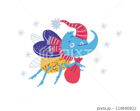 Cute flying Rhinoceros beetle with red bag, hat and scarf, falling snowflakes, vector insect on Christmas winter holiday Cute flying Rhinoceros beetle with red bag, hat and scarf, falling snowflakes, vector insect on Christmas winter holiday 119690822
